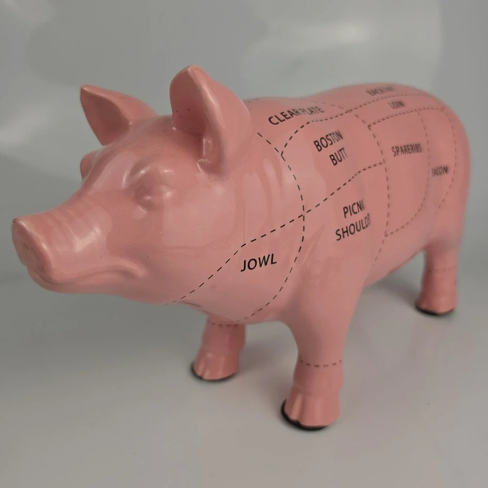 Pink Ceramic Pig Coin Bank Butcher Diagram Pork Cuts Kitchen Farmhouse